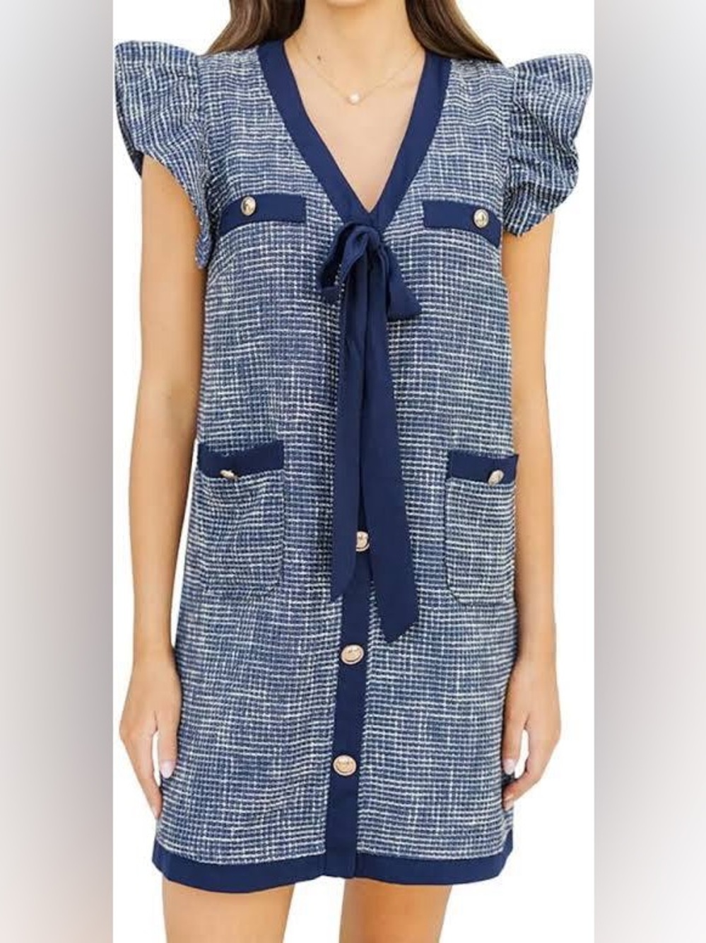VOY  blue tweed shift dress ruffle sleeves and a V-neckline sz. M